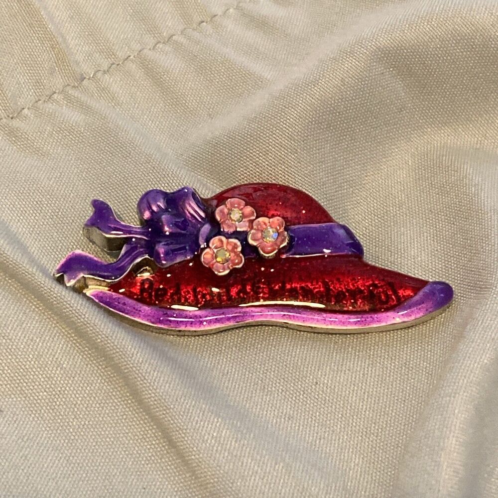 AJMC Vintage Enamel Red Hat Pin Brooch Signed 2”